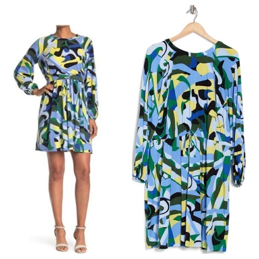 NWT Donna Morgan Abstract Drawstring Waist Jersey Dress